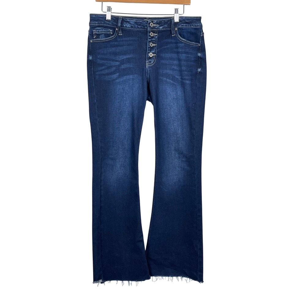 KanCan Flare Jeans Women 11/29 Dark Wash Excellent Button Fly Raw Hem KC7338LD
